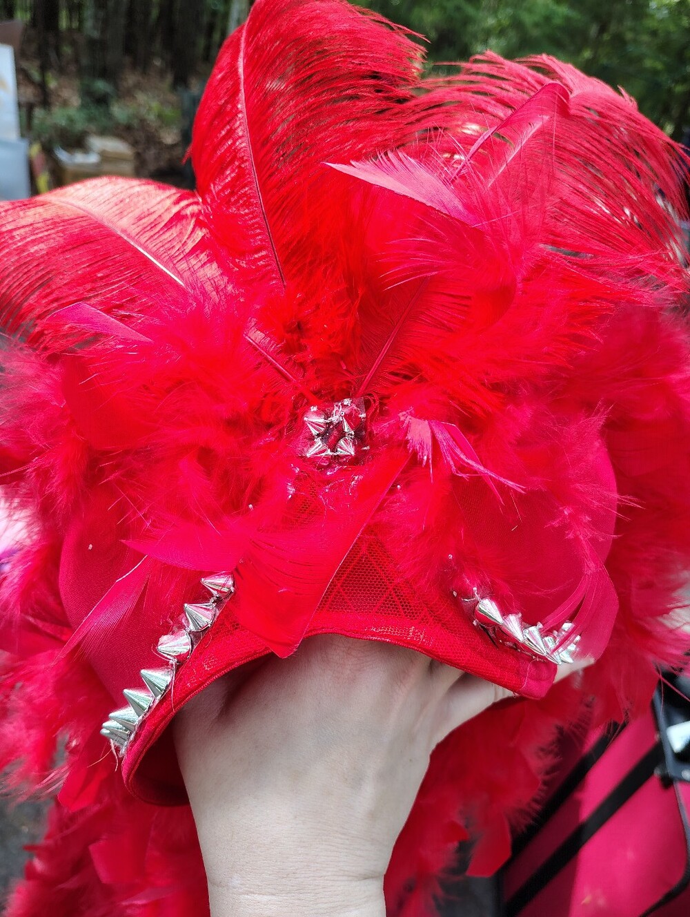 Red Bra Hat with Feathers and Decorations
